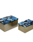 Blue Ava 8" W Gold Metal And Agate Box, Set of 2 Metal decorative accent