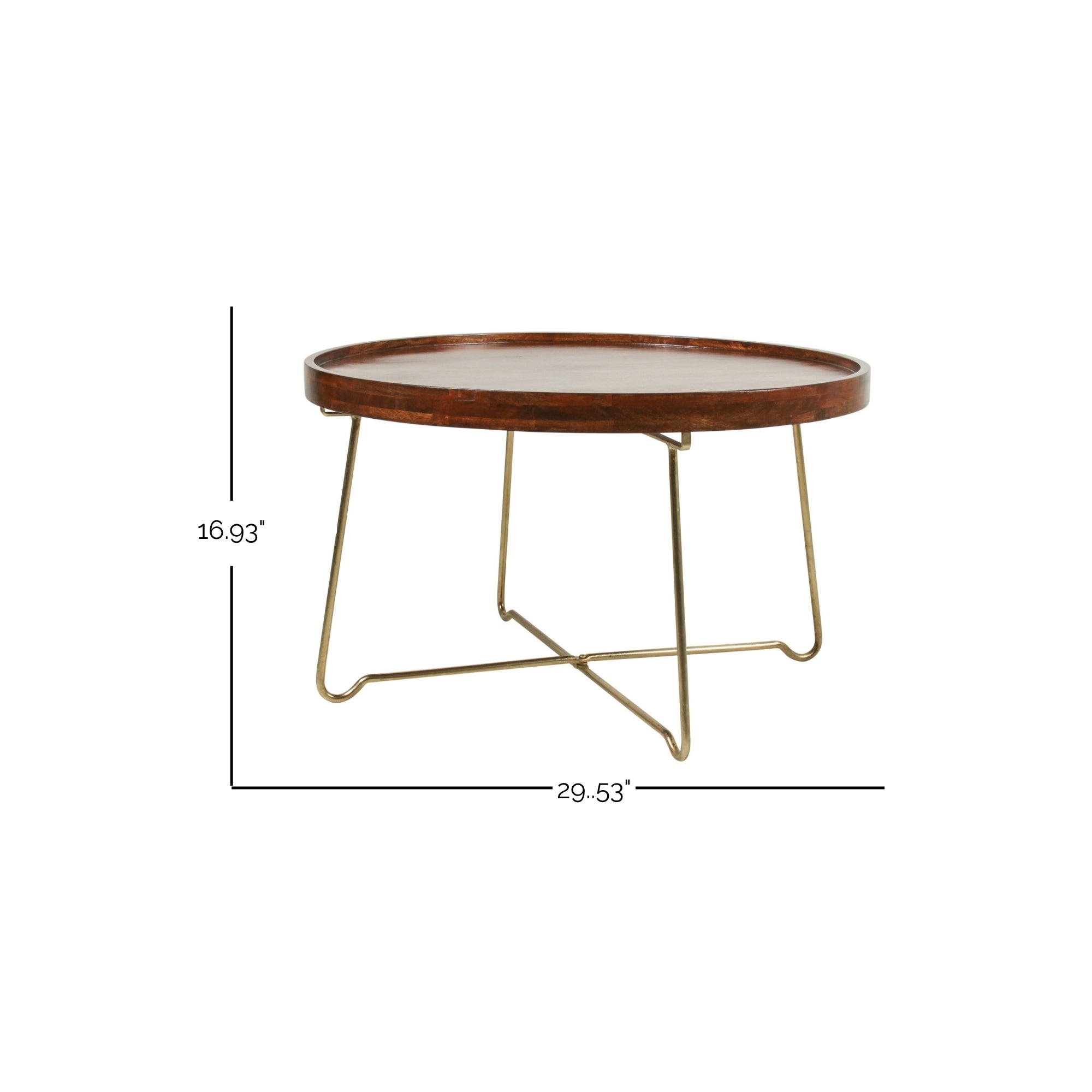 Aria Round Mango Wood 30" Tray Top Coffee Table with Gold Iron Legs