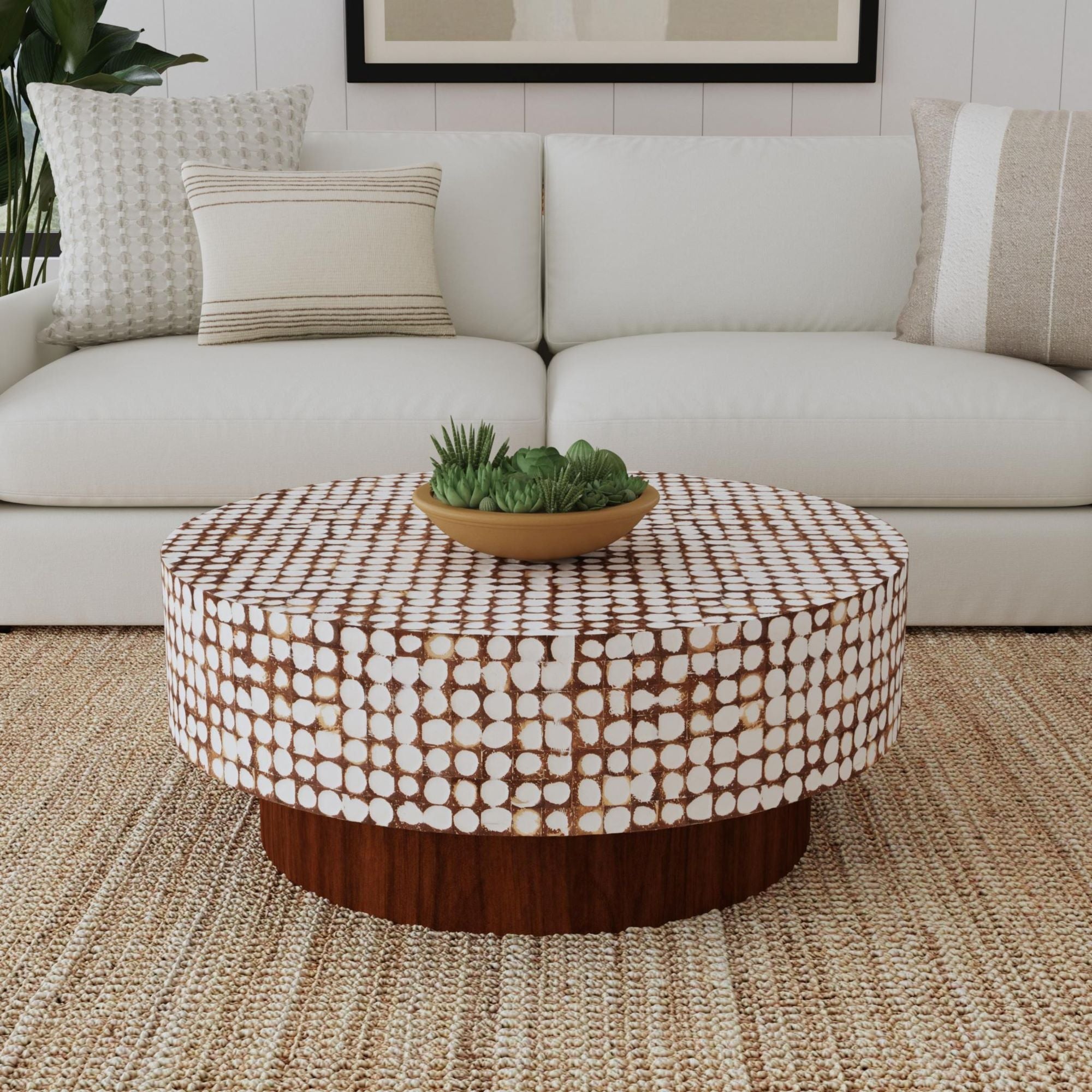 Mila Coconut Shell Round Pedestal Coffee Table