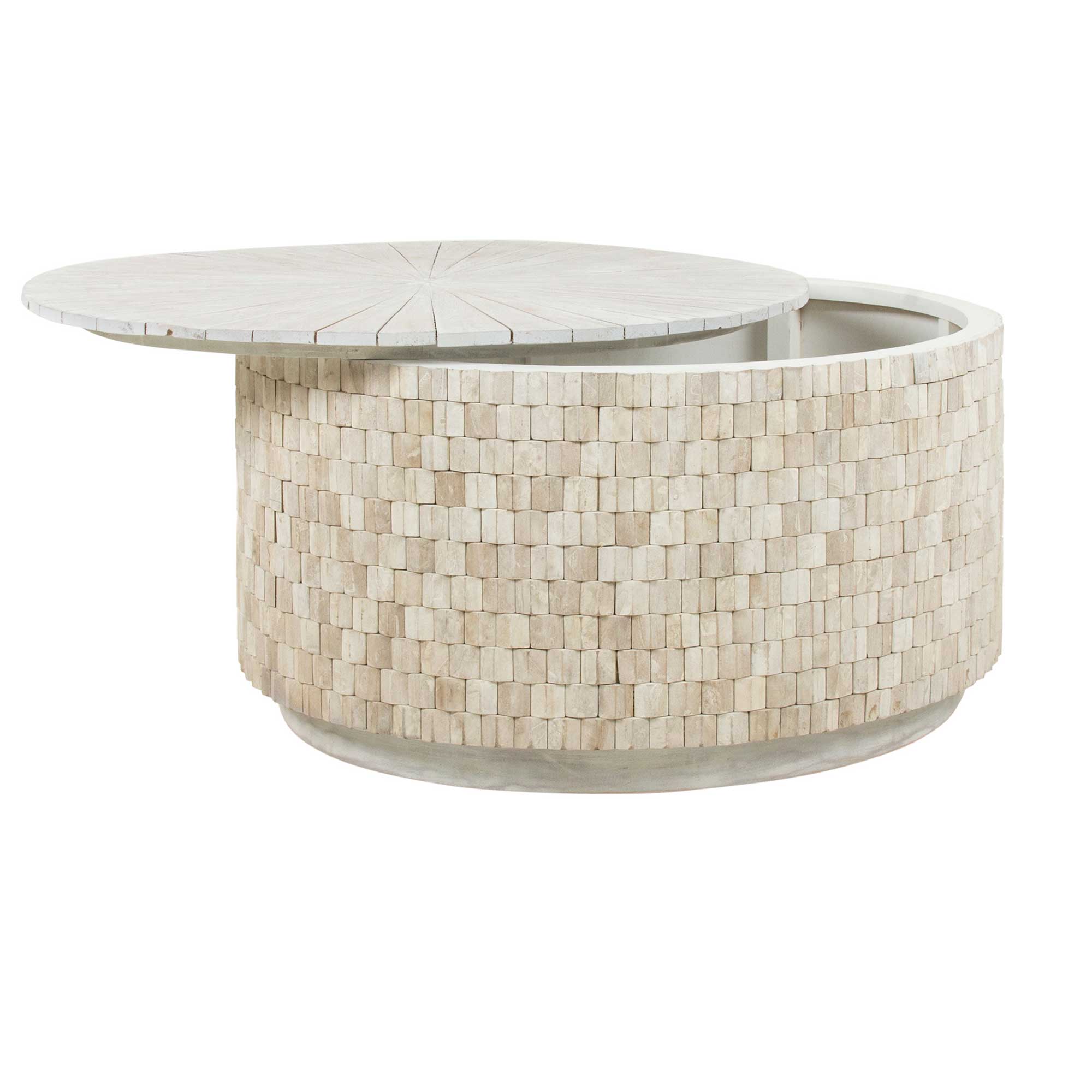 Whitewashed Round Teak Tiled Coffee Table with Hidden Storage by East at Main, image size:2000x2000