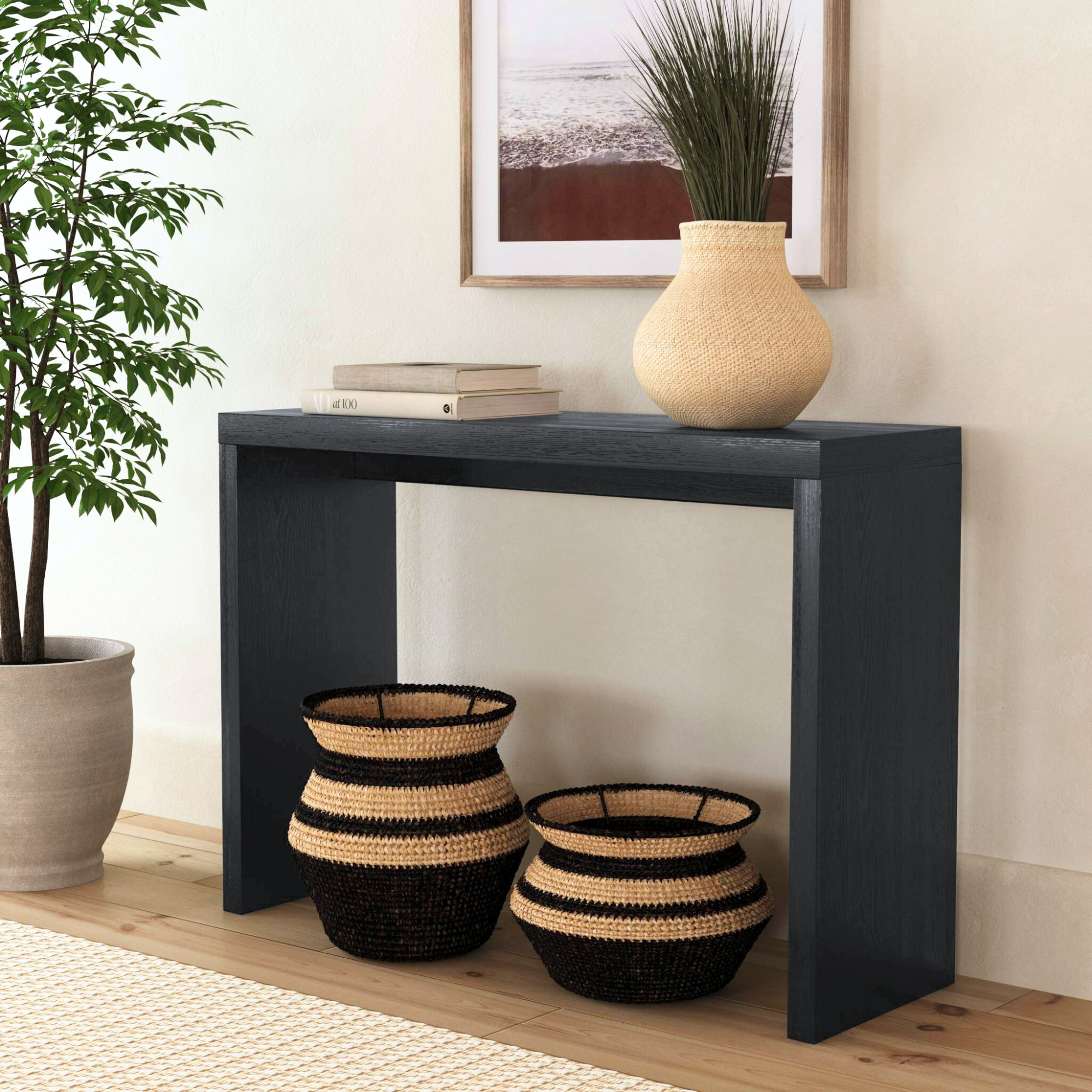 Consolle con 2 cassetti e 1 ripiano, effetto legno arrotondato nero Consolle con 2 cassetti e 1 ripiano, effetto legno arrotondato nero
