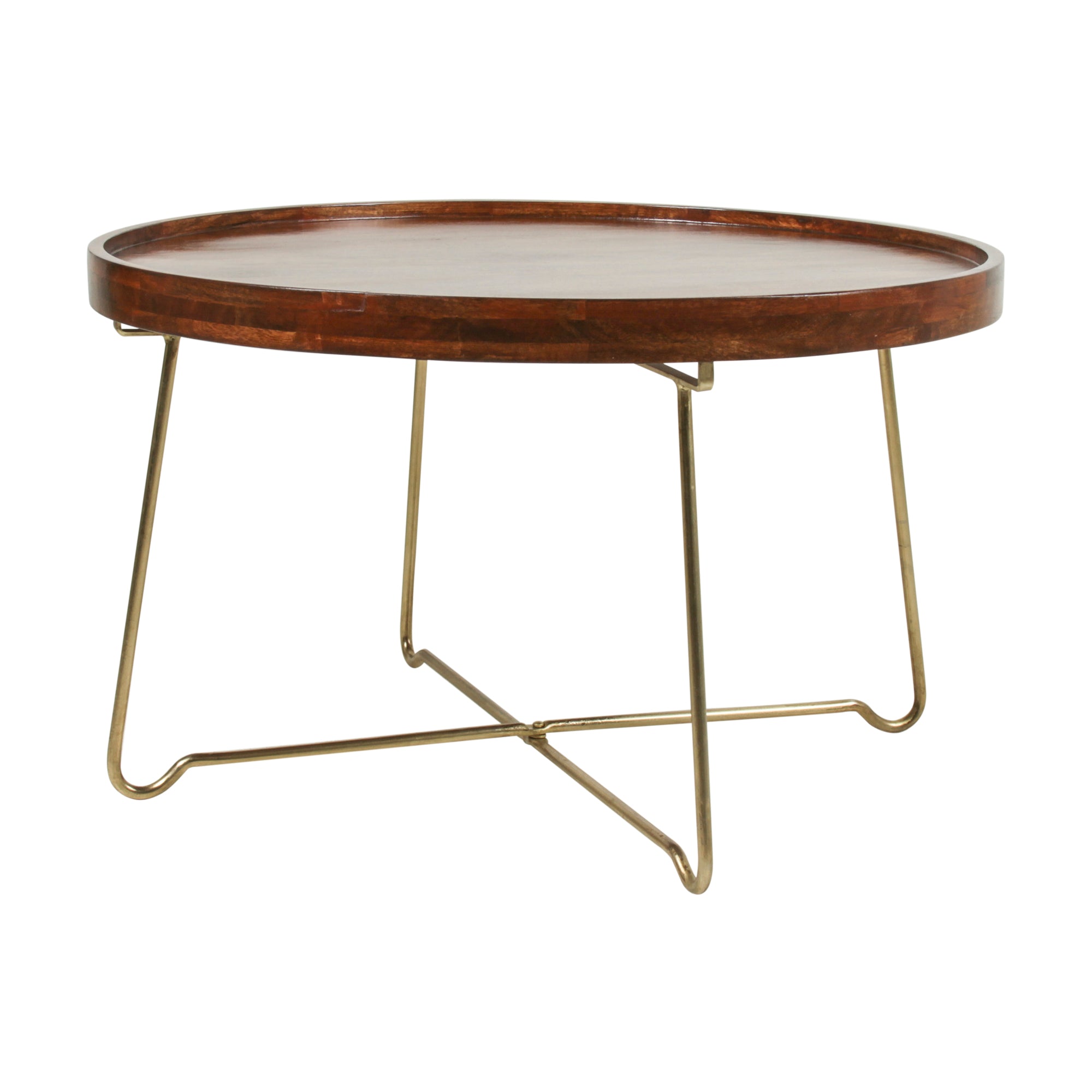 Aria Round Mango Wood 30" Tray Top Coffee Table with Gold Iron Legs