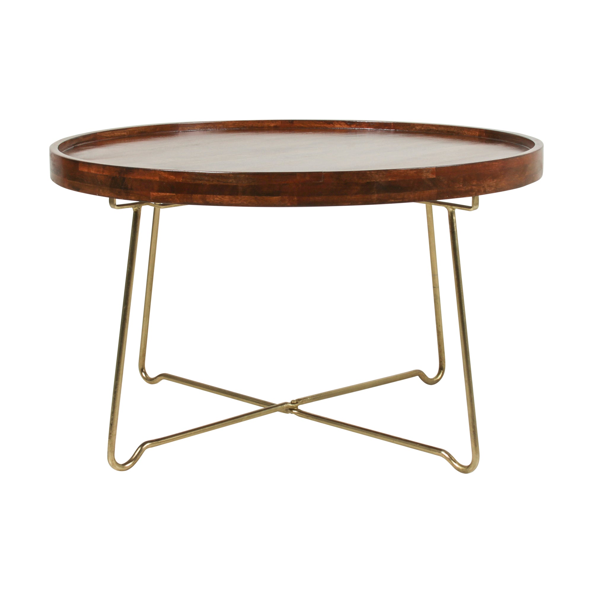 Aria Round Mango Wood 30" Tray Top Coffee Table with Gold Iron Legs