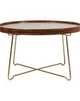 Aria Round Mango Wood 30" Tray Top Coffee Table with Gold Iron Legs