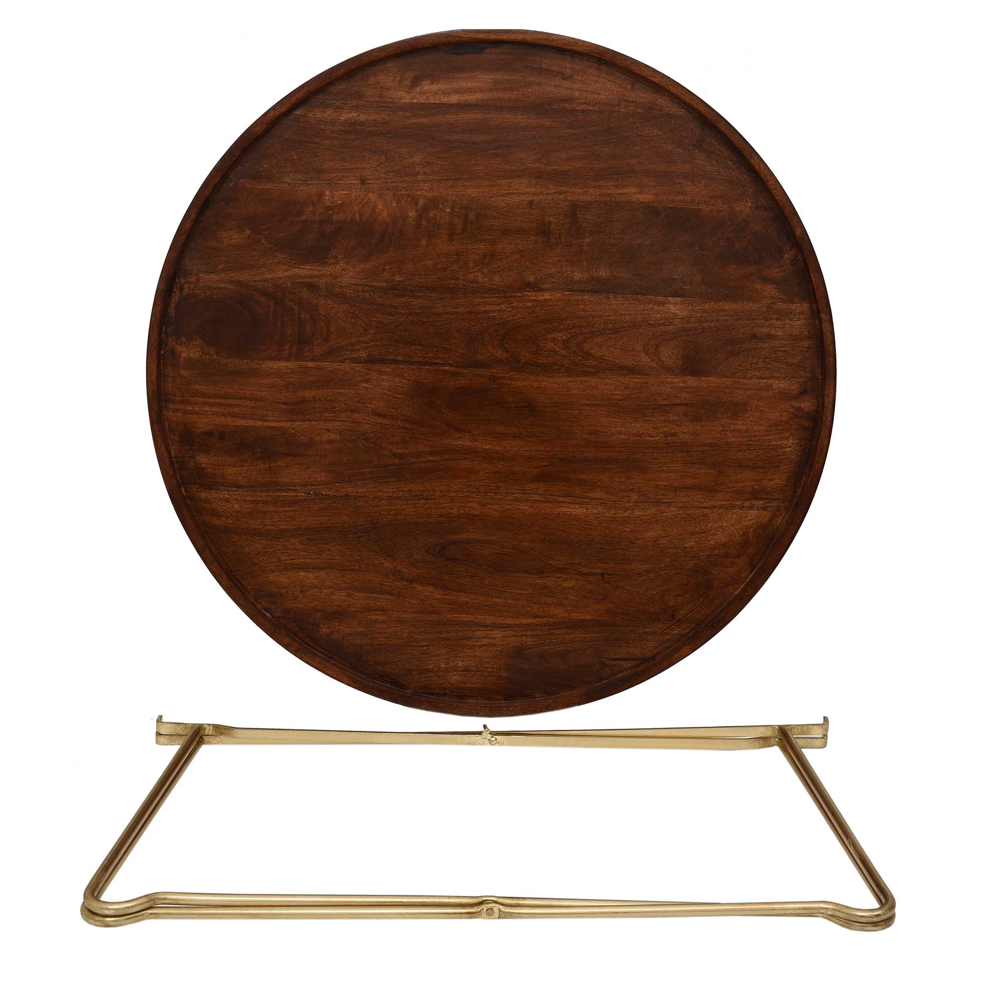 Aria Round Mango Wood 30" Tray Top Coffee Table with Gold Iron Legs