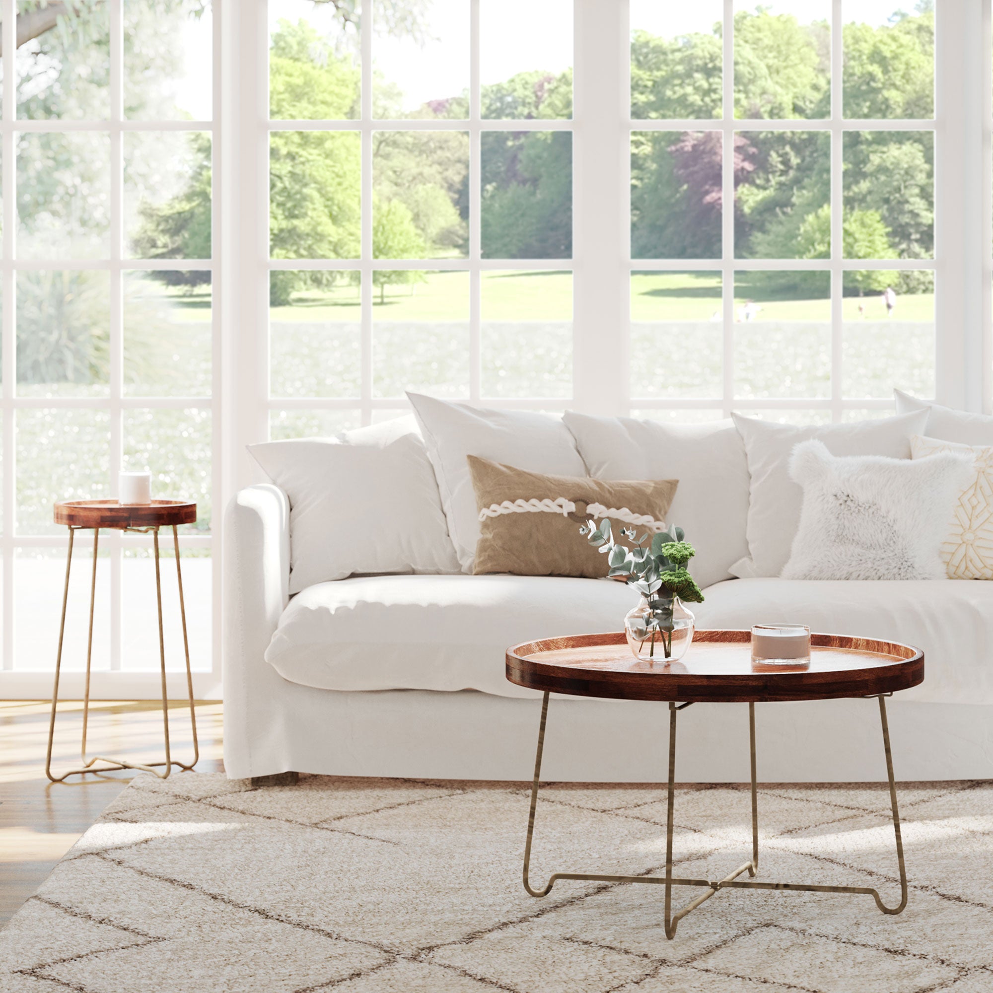 Aria Round Mango Wood 30" Tray Top Coffee Table with Gold Iron Legs