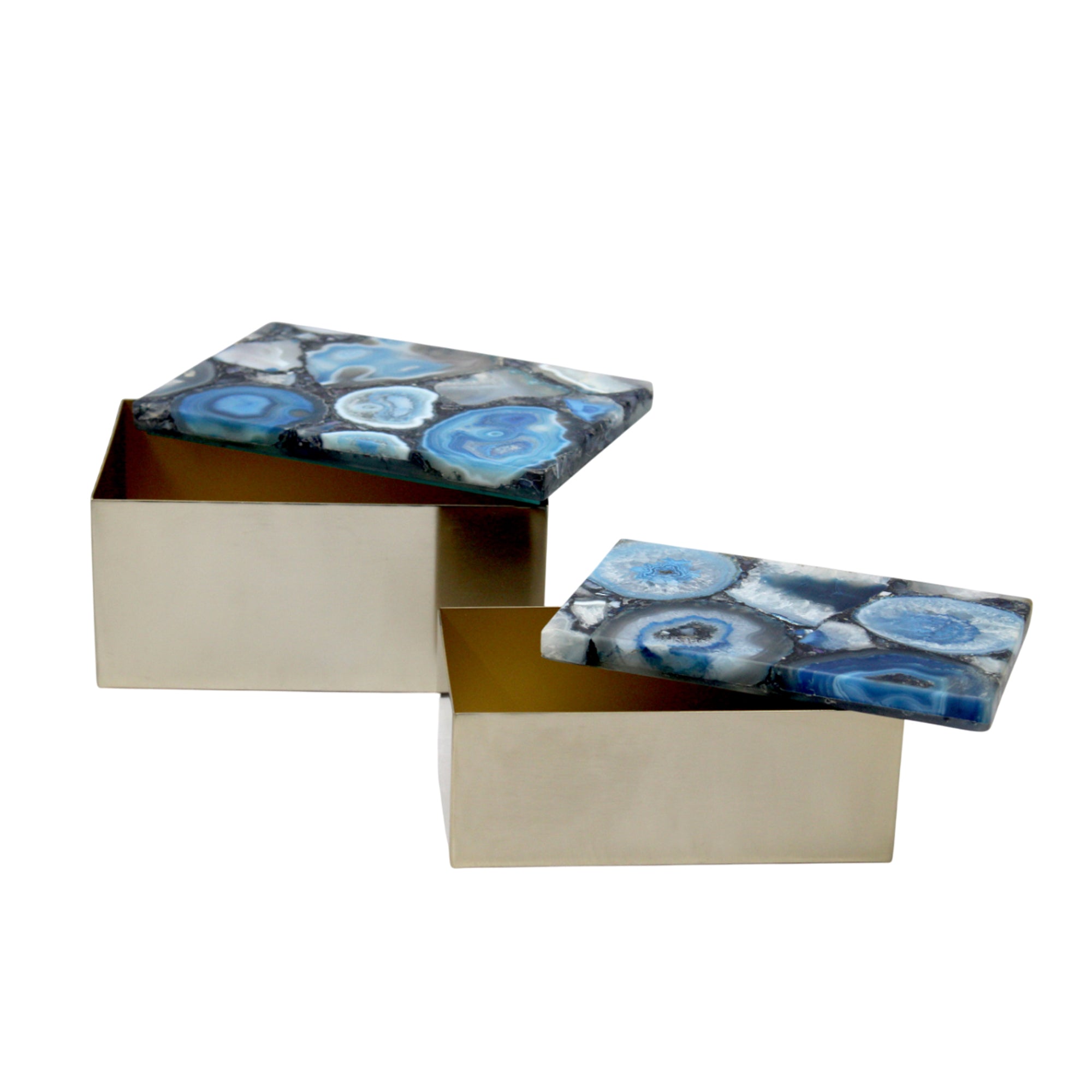 Ava 8" W Gold Metal And Agate Box, Set of 2 Solid Wood decorative accessories