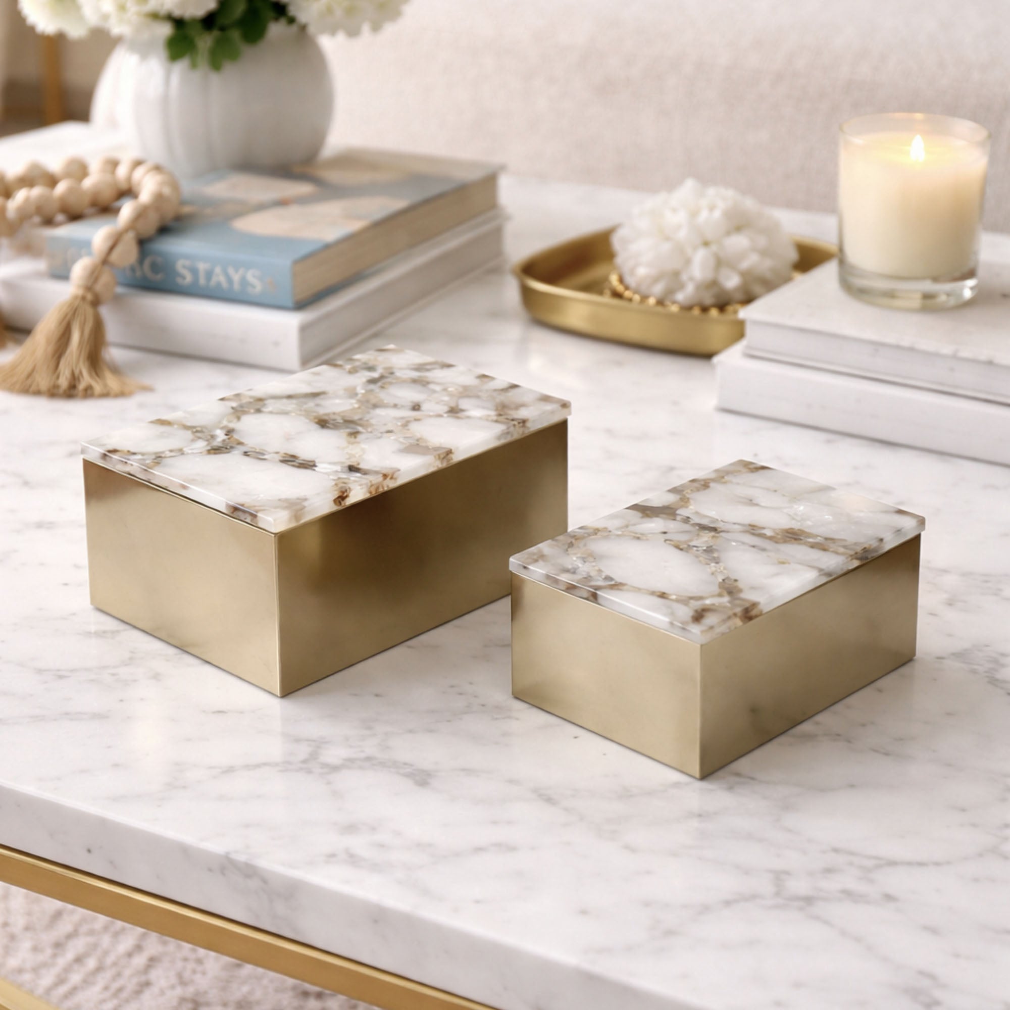 Ava 8" W Gold Metal And Agate Box, Set of 2 Solid Wood decorative accessories