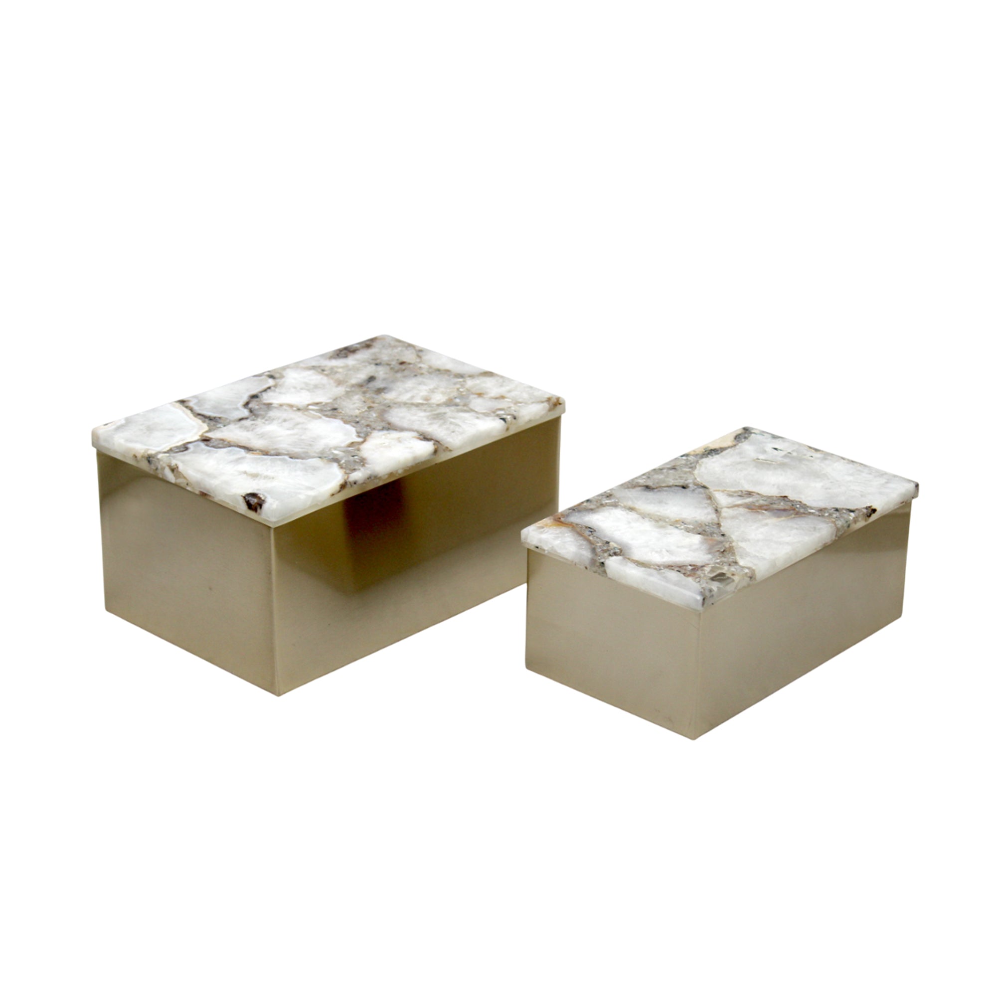 Ava 8" W Gold Metal And Agate Box, Set of 2 Solid Wood decorative accessories