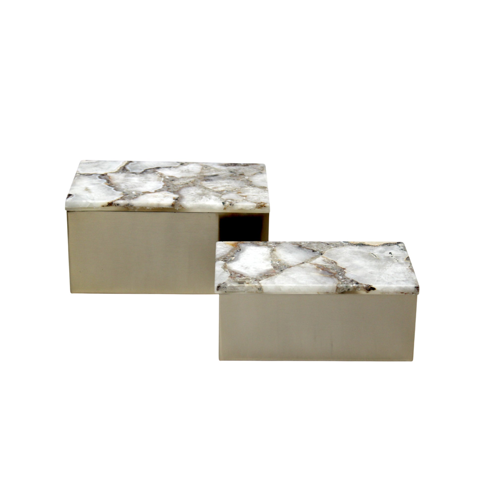 Ava 8" W Gold Metal And Agate Box, Set of 2 Solid Wood decorative accessories