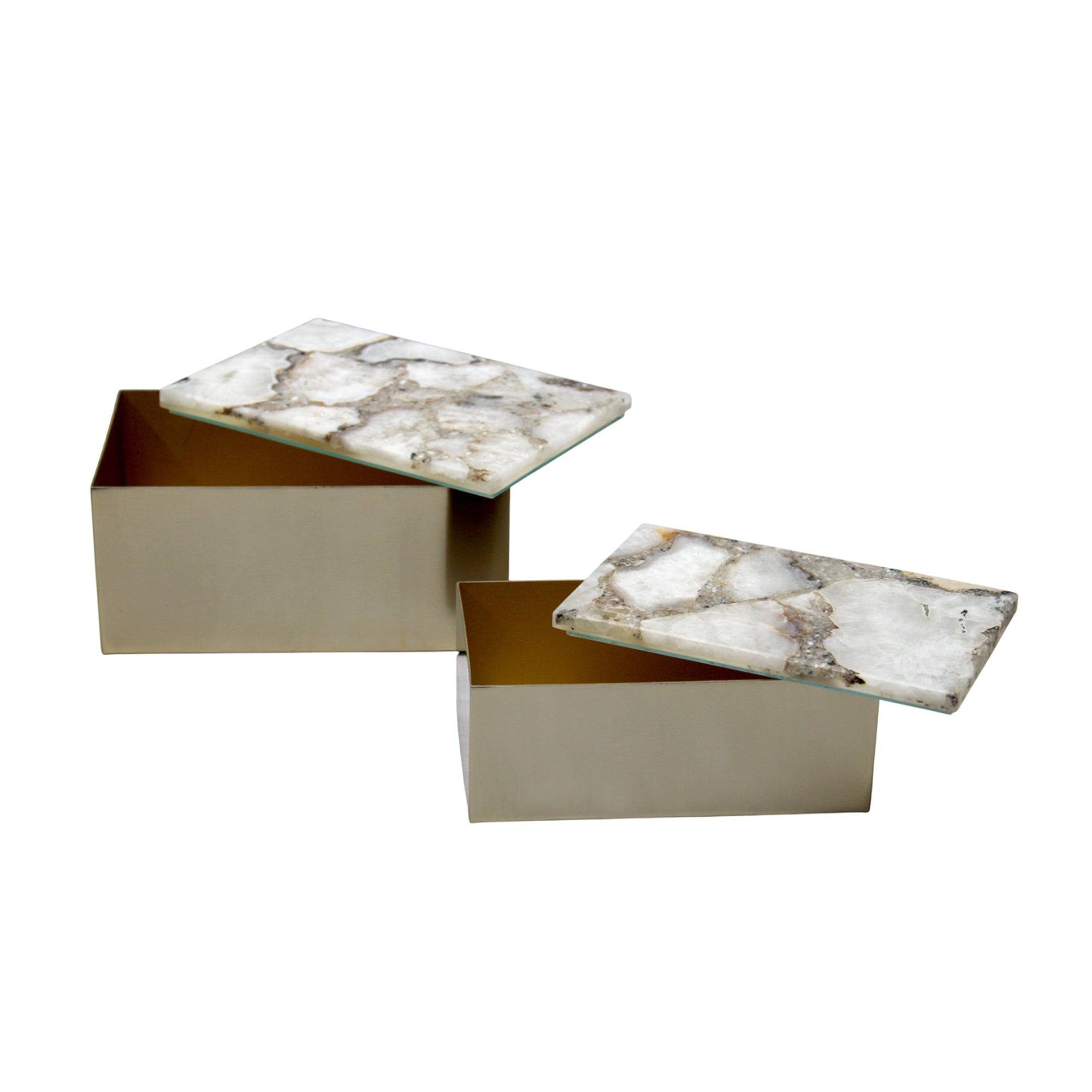Ava 8" W Gold Metal And Agate Box, Set of 2 Solid Wood decorative accessories