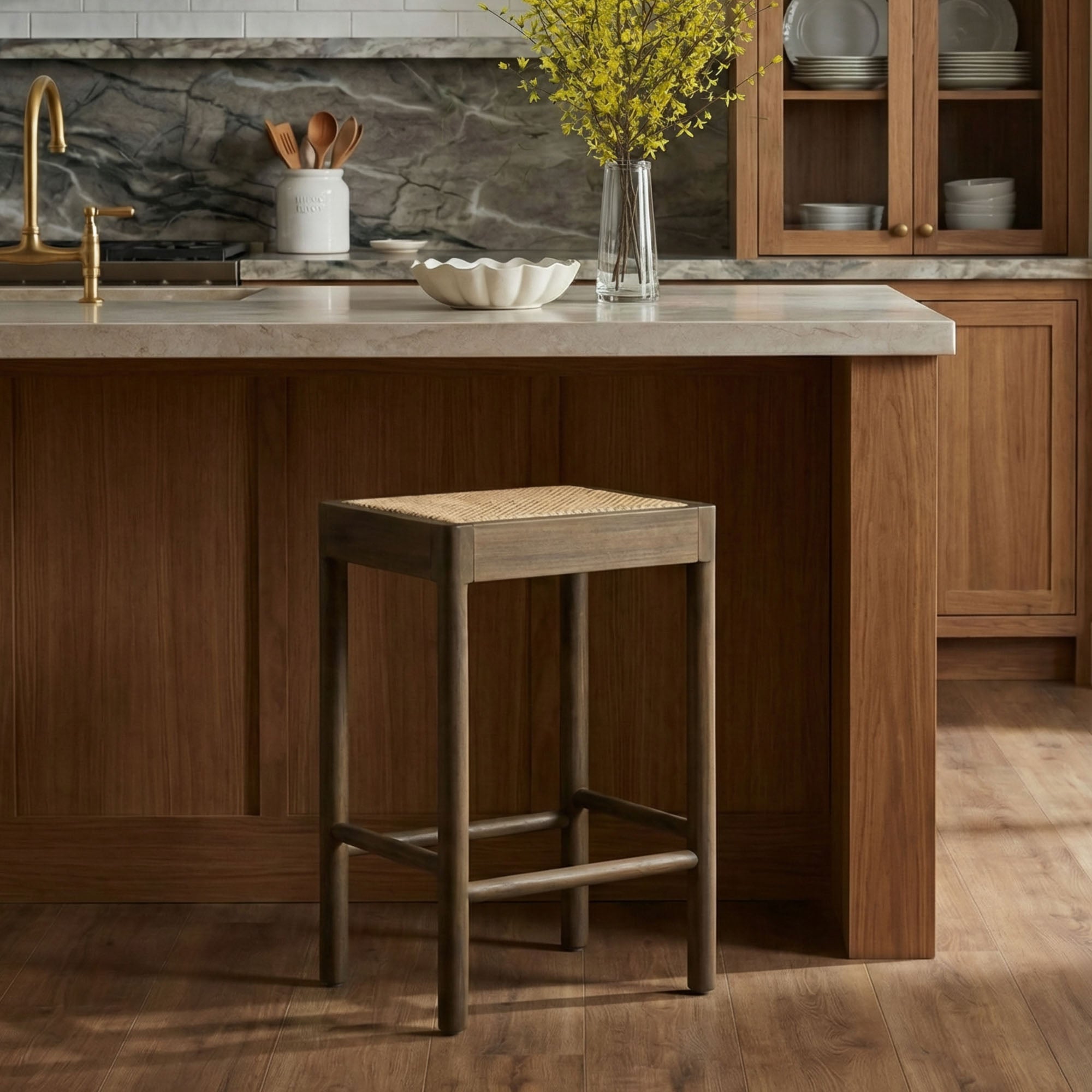 Boden Cane Woven Counter Stool, Set of 2 Solid Wood counter stool