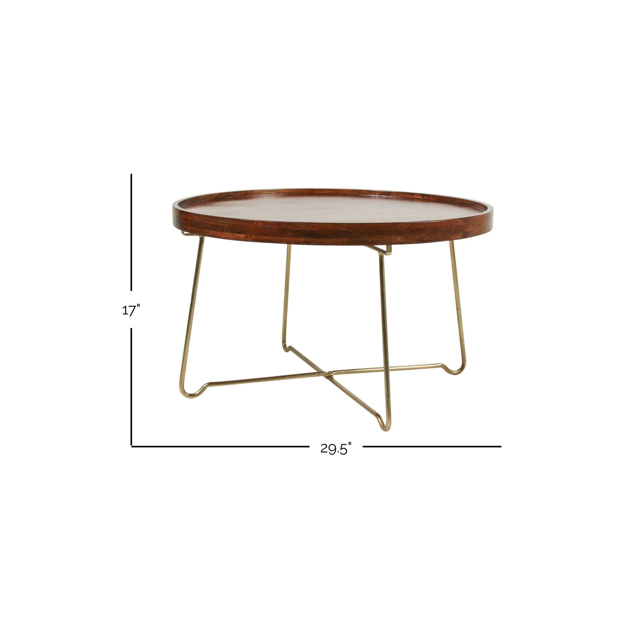 Aria Round Mango Wood 30" Tray Top Coffee Table with Gold Iron Legs Solid Wood coffee table