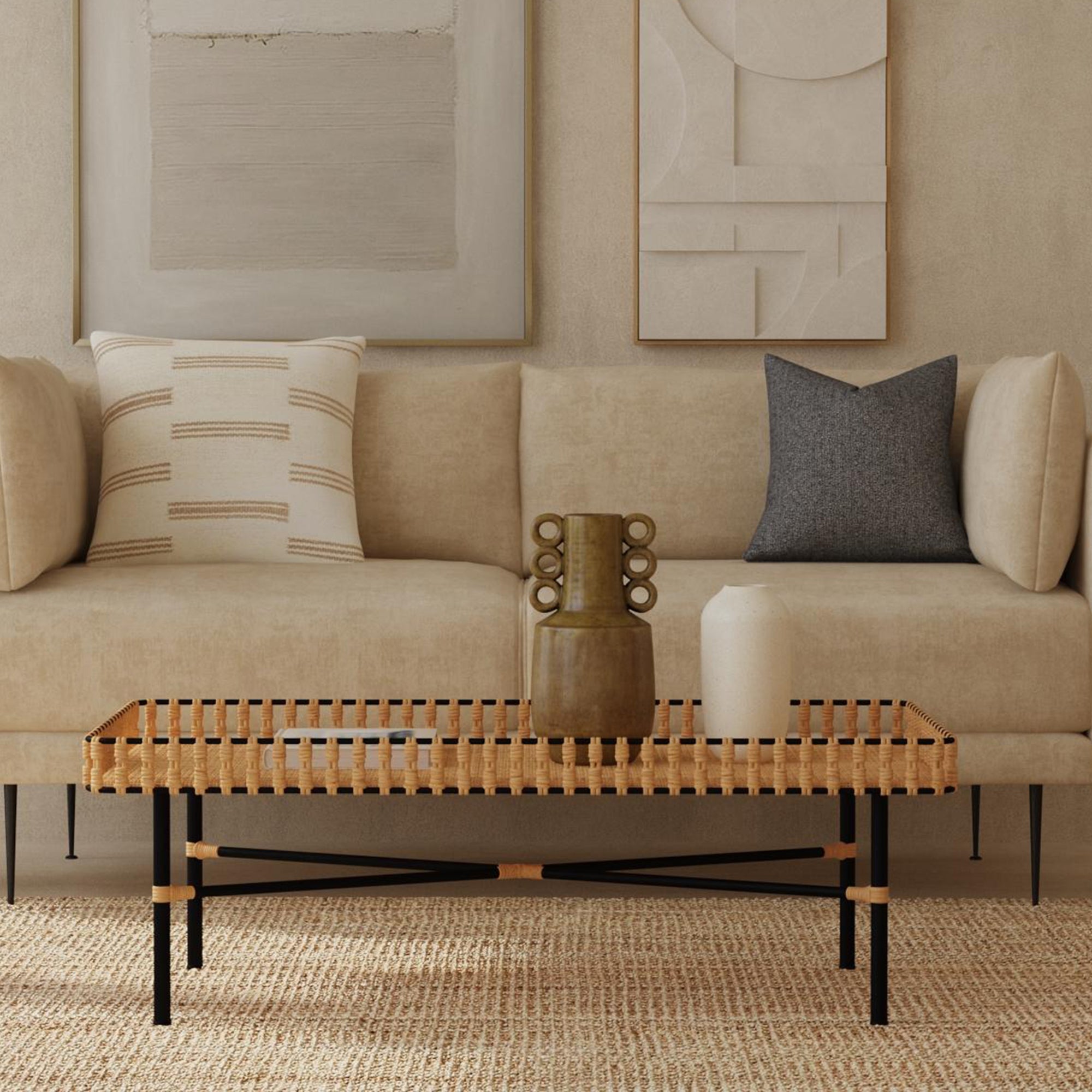 Rectangular Handwoven Rattan and Iron Coffee Wicker Table