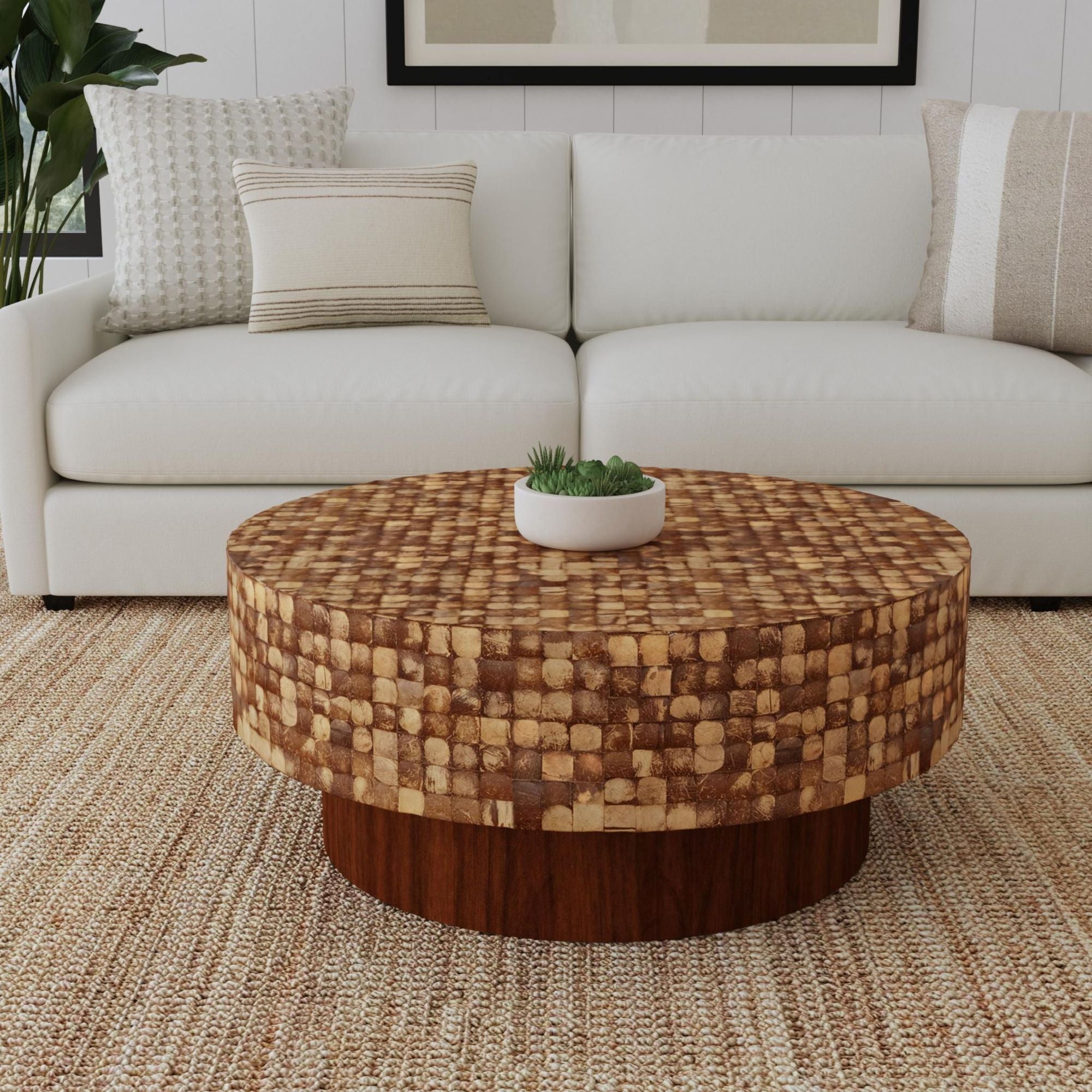 Mila Coconut Shell Round Pedestal Coffee Table