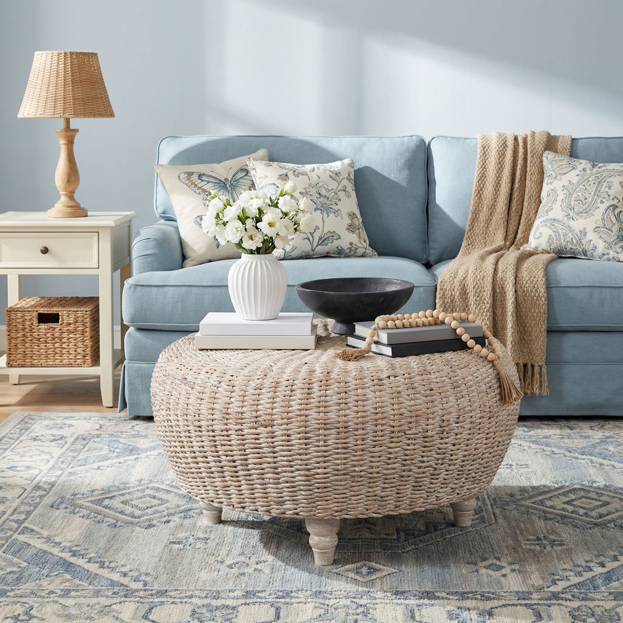 Maya Round Handwoven Abaca 35" Coffee Table Solid Wood coffee table