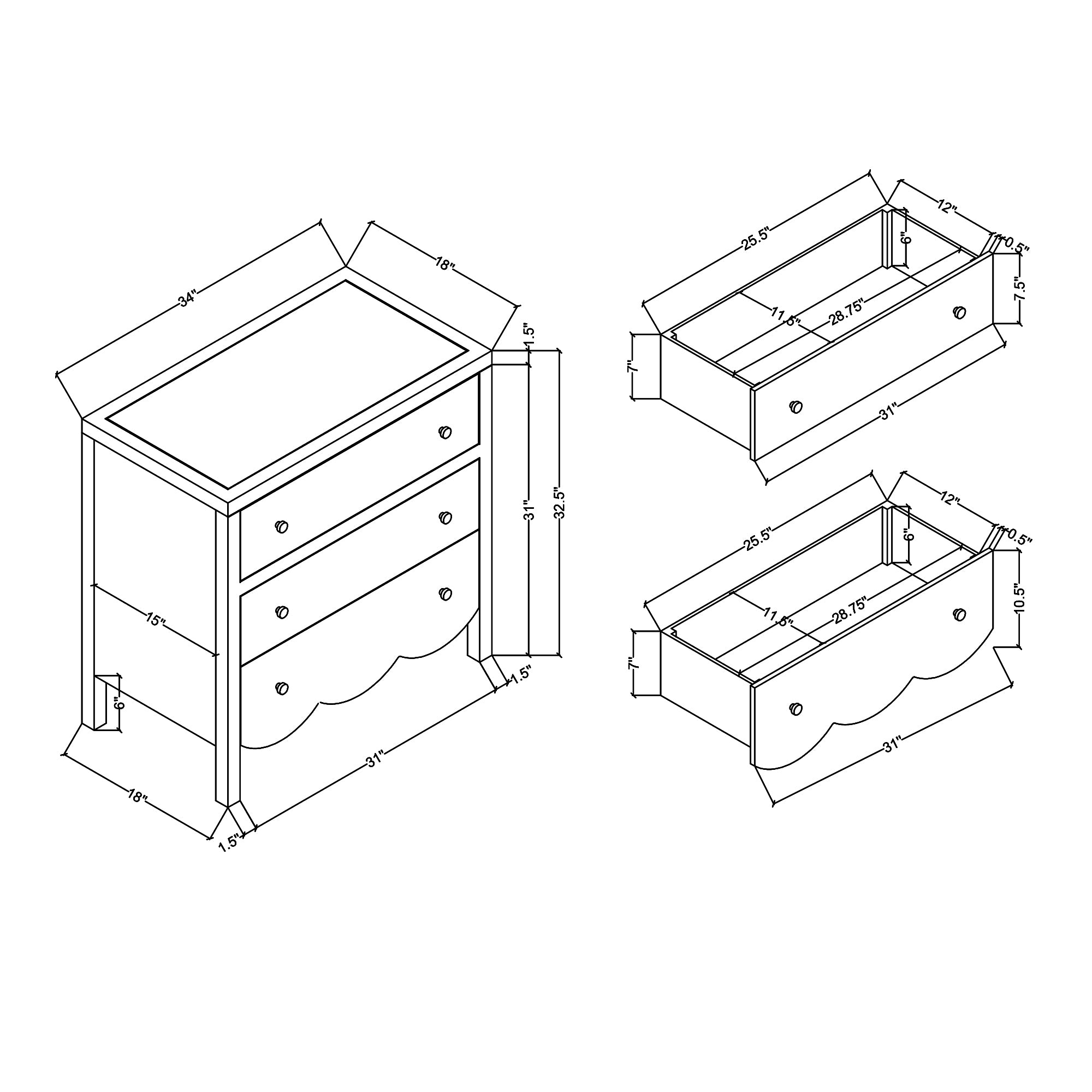 Morrowind 34" W Scallop Bayur Wood 3 Drawer Dresser