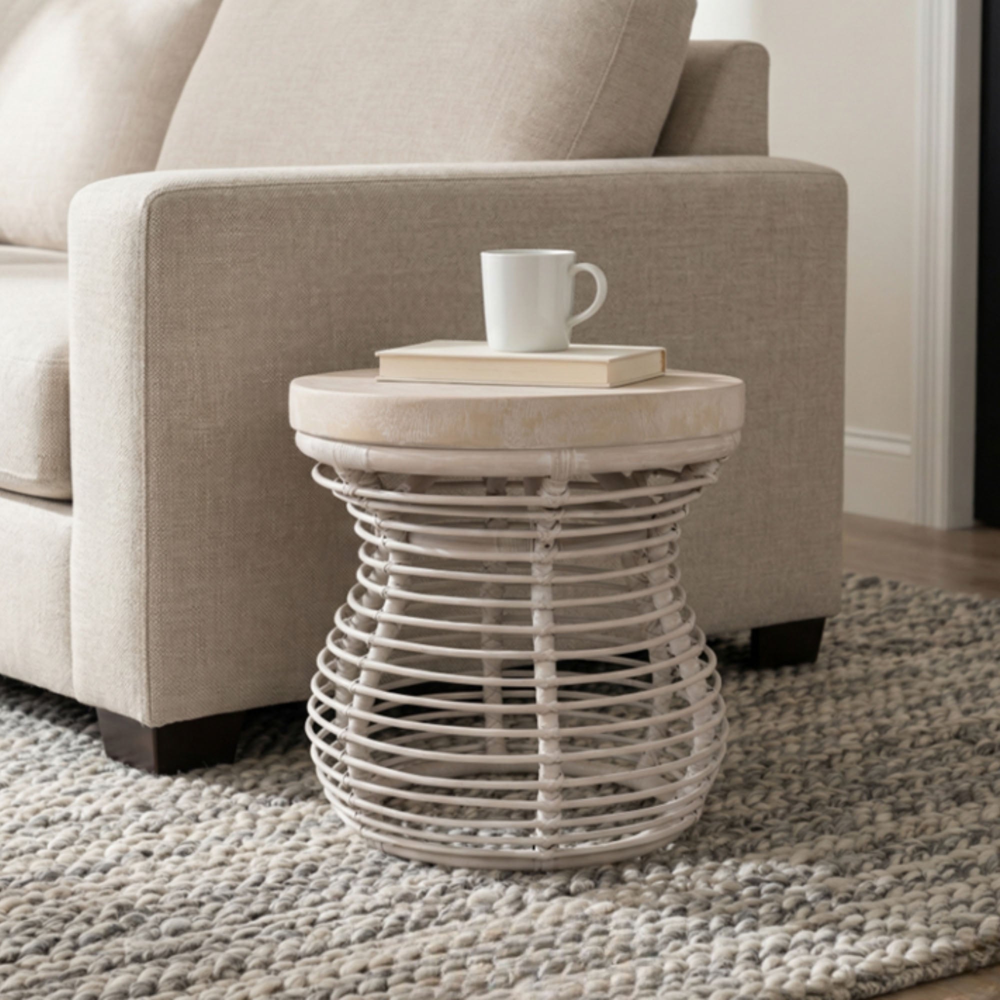 Hannah Woven Raffia and Munggur Wood Side Table rattan accent table, close-up detail