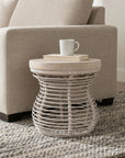 Hannah Woven Raffia and Munggur Wood Side Table rattan accent table, close-up detail