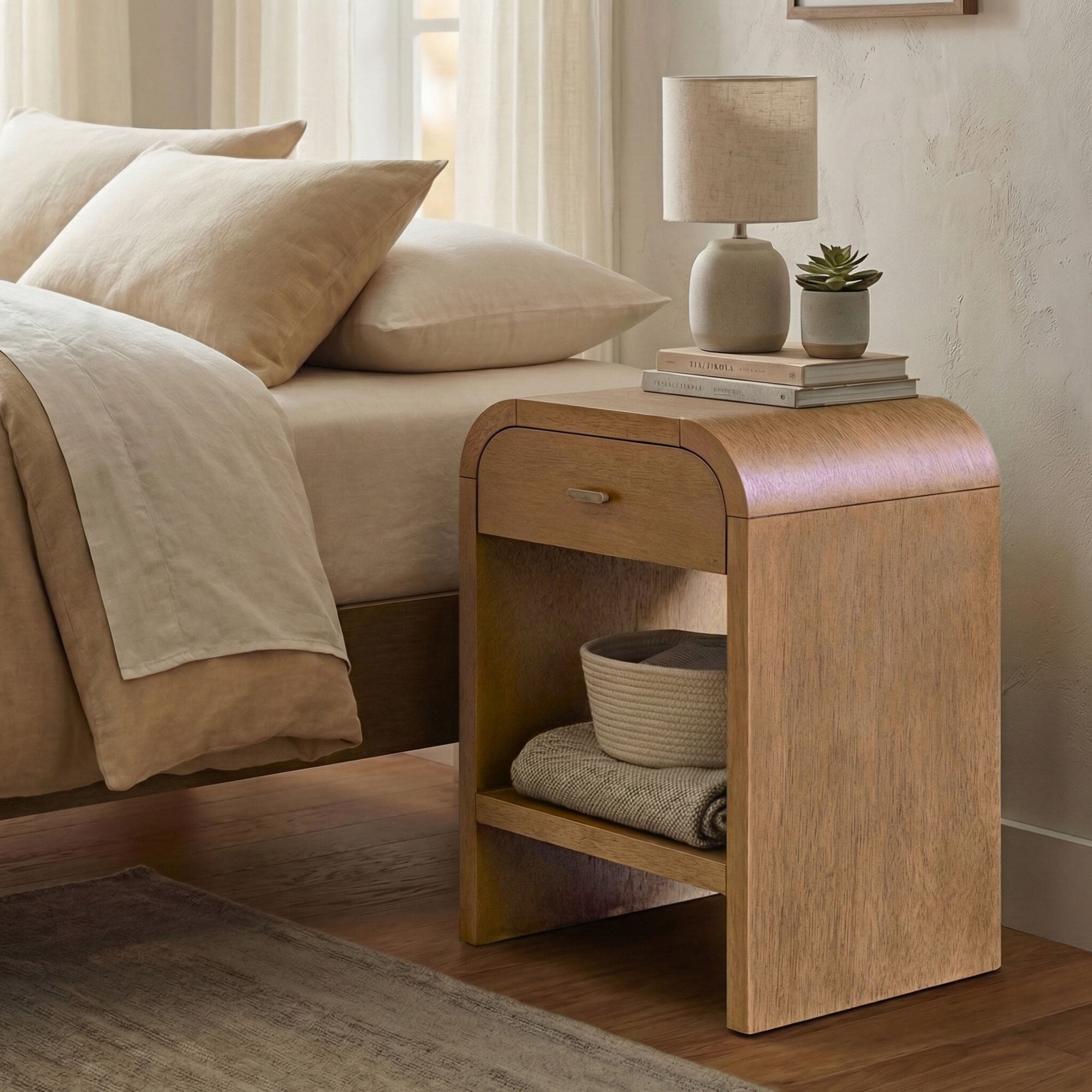 Arlo Bayur Wood 1-Drawer 18" Curved Edge Nightstand Solid Wood nightstand