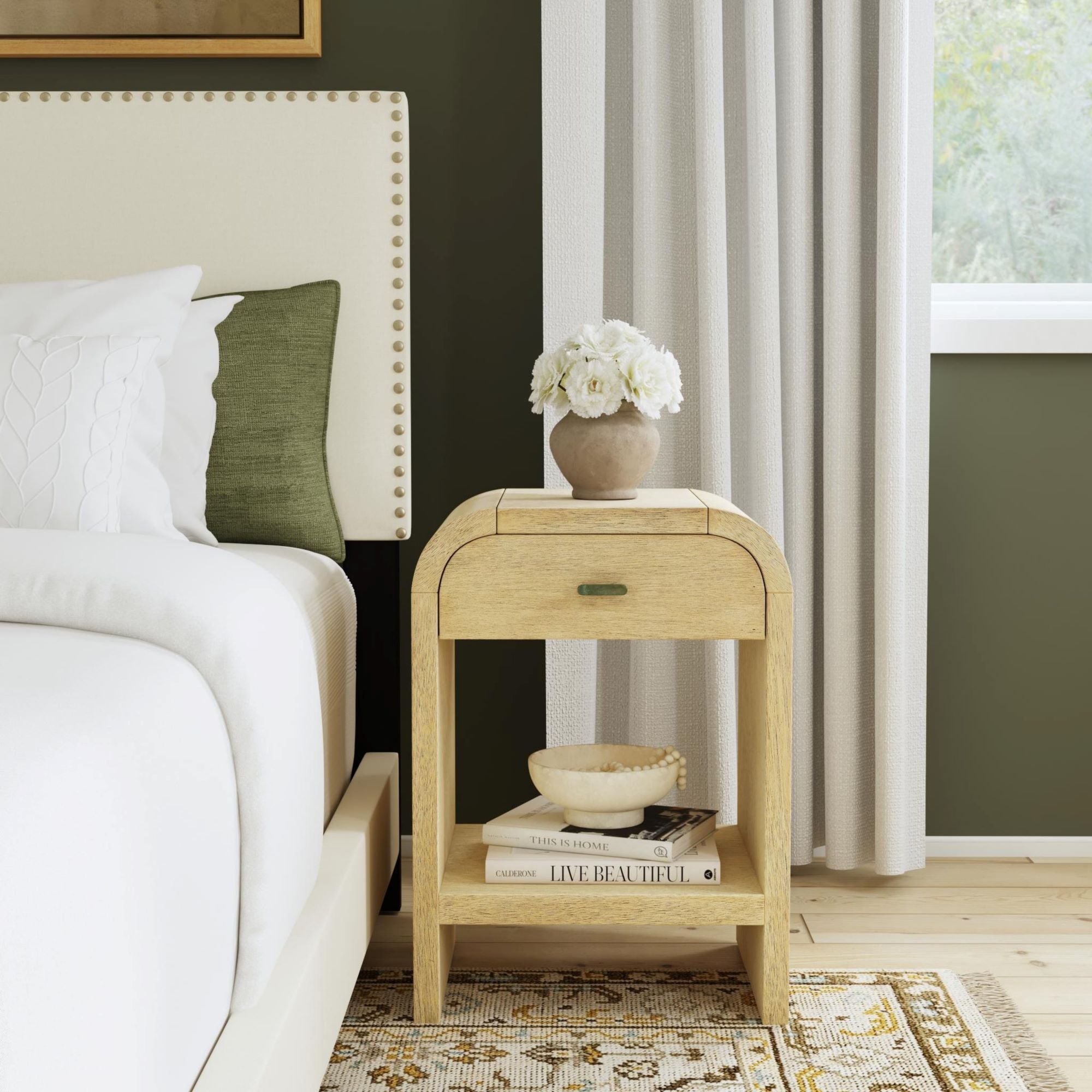 Arlo Curved Wood Nightstand 1-Drawer Modern Bedside Table