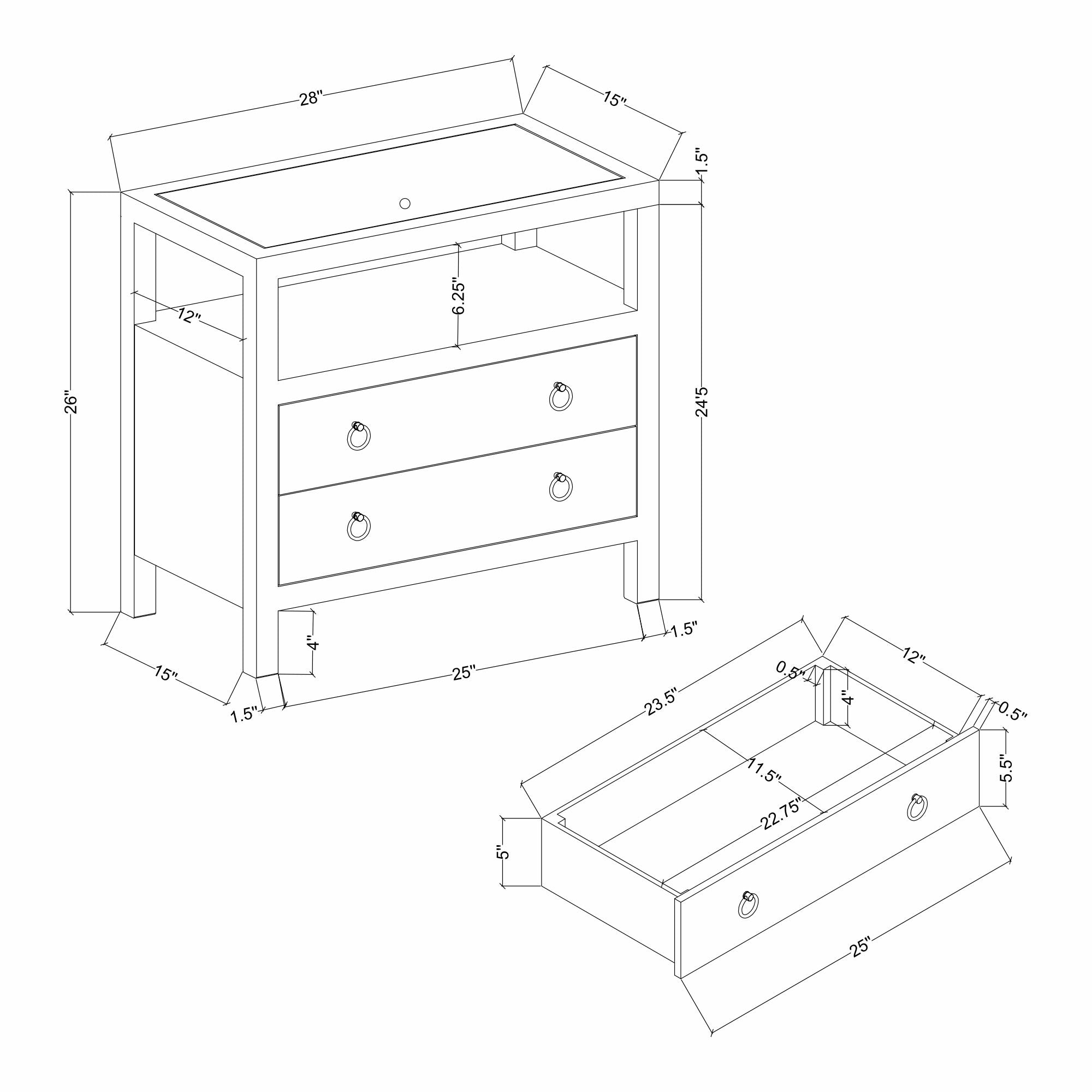 Callan 2 Drawer Nightstand with Shelf Solid Wood nightstand