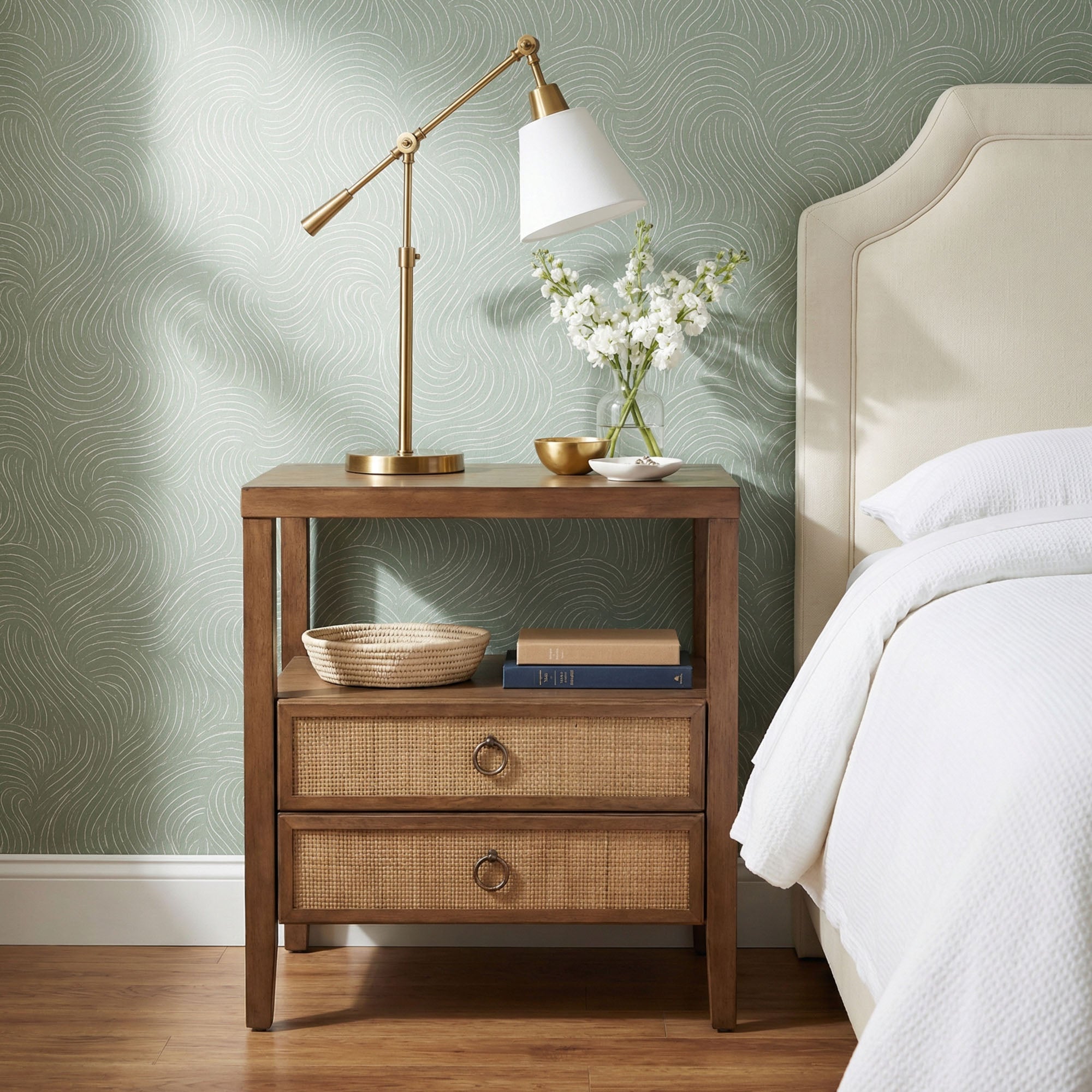 Blue Rowan Cane Door Nightstand with Shelf Solid Wood nightstand