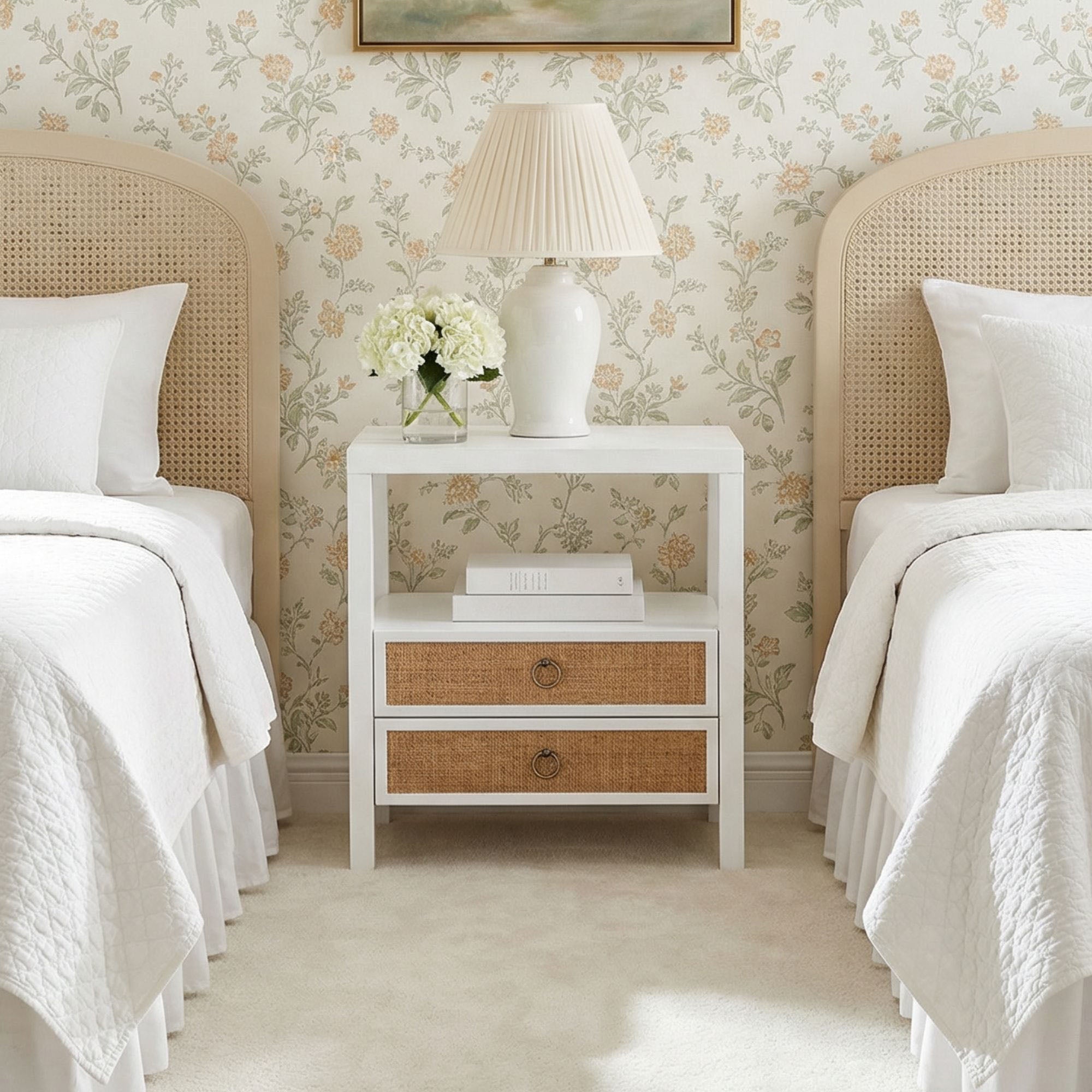 Rowan Cane Door Nightstand with Shelf Solid Wood nightstand