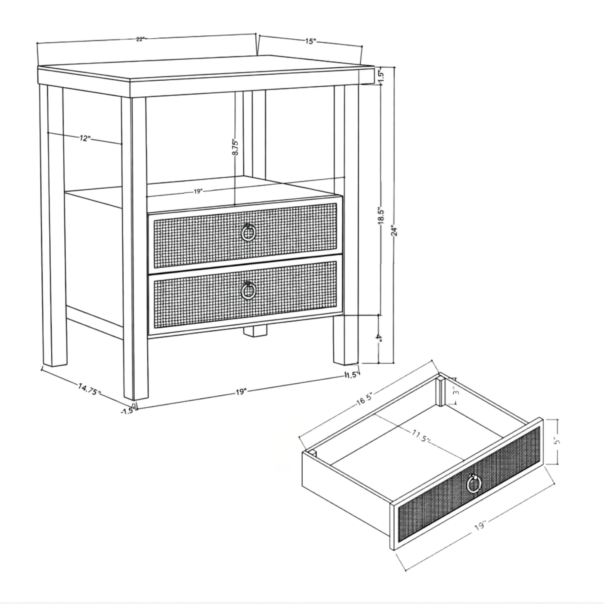 Rowan Cane Door Nightstand with Shelf Solid Wood nightstand