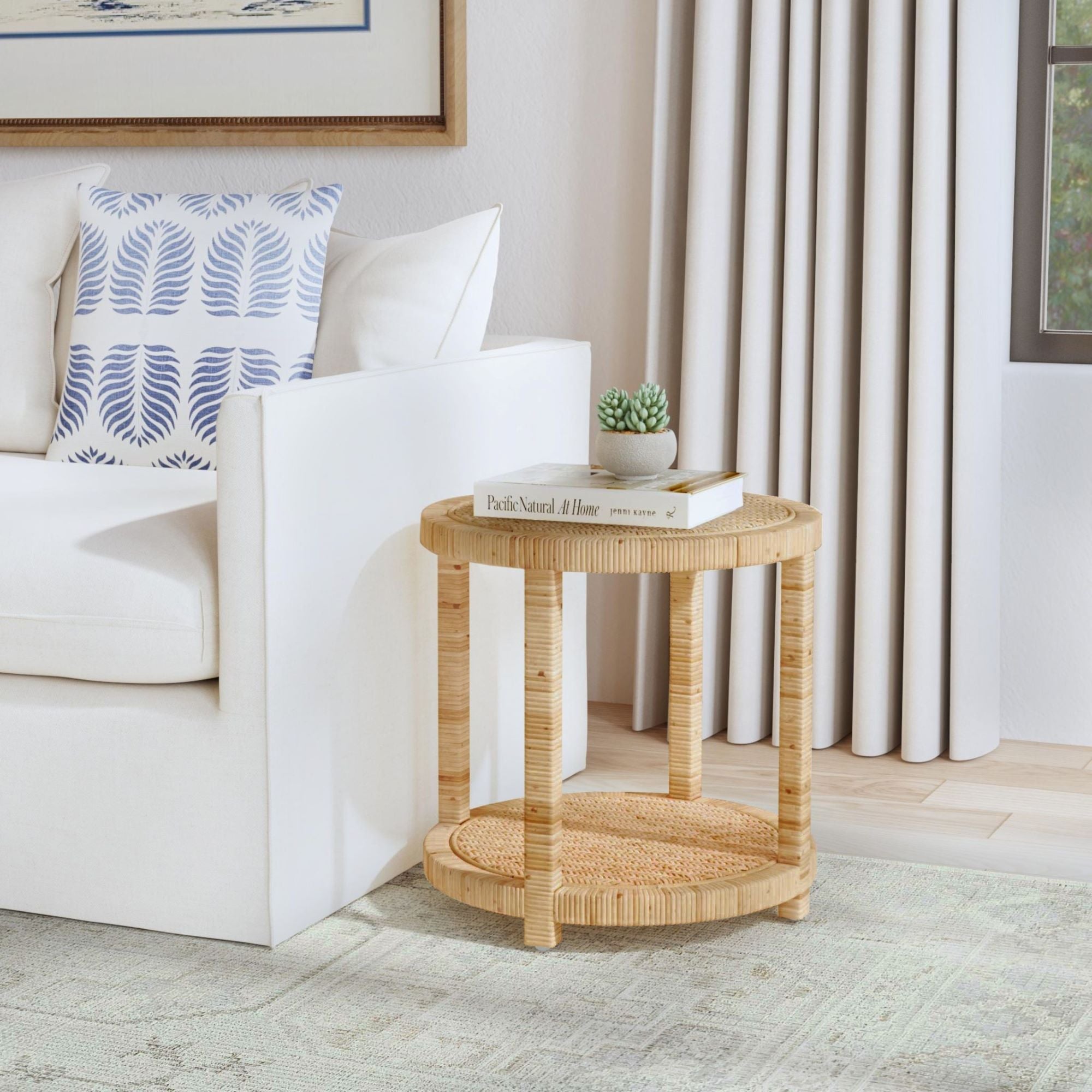 Camila Round Rattan Side Table With Shelf