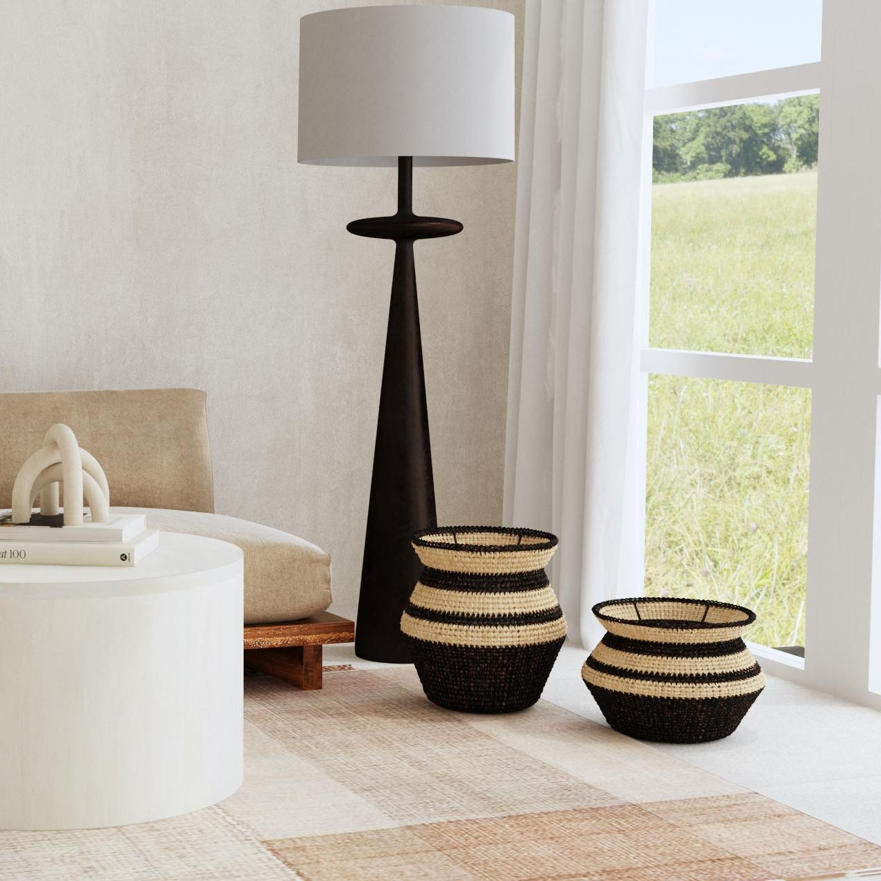 Wide Striped Seagrass Basket Solid Wood storage basket