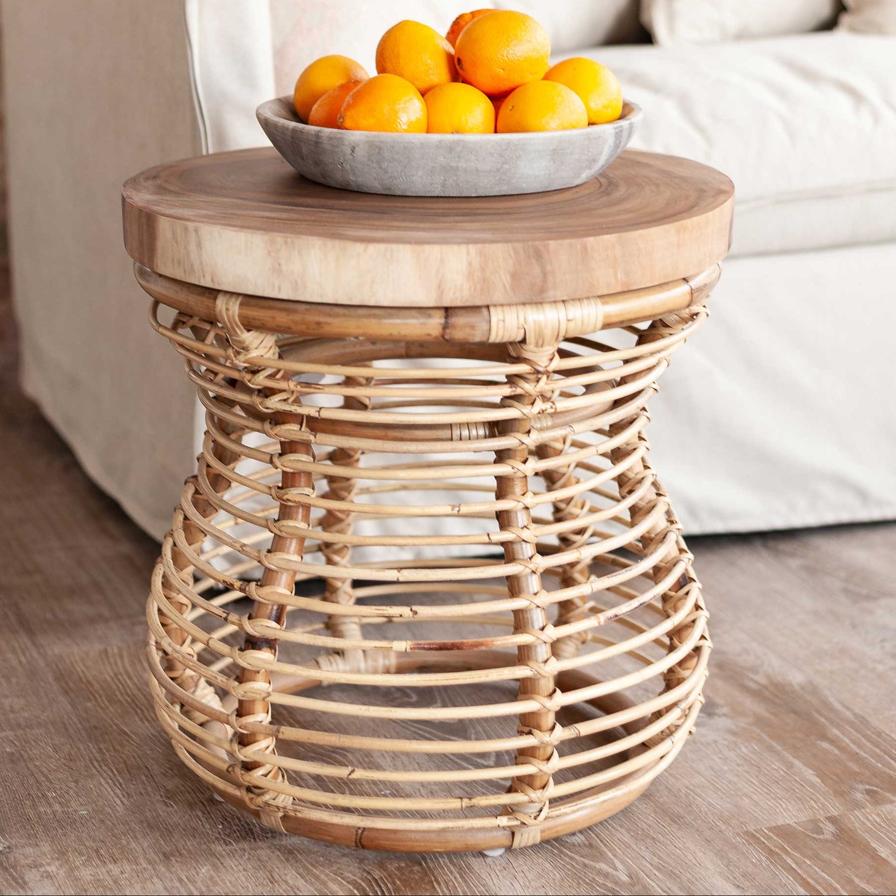 White Hannah 20" Woven Raffia &amp; Munggur Wood Side Table Solid Wood accent table